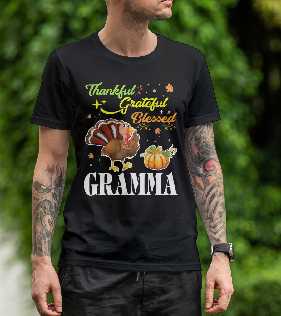 Thankful Grateful Blessed Gramma Turkey Pumpkin Thanksgiving Fall Leaves T-Shirt