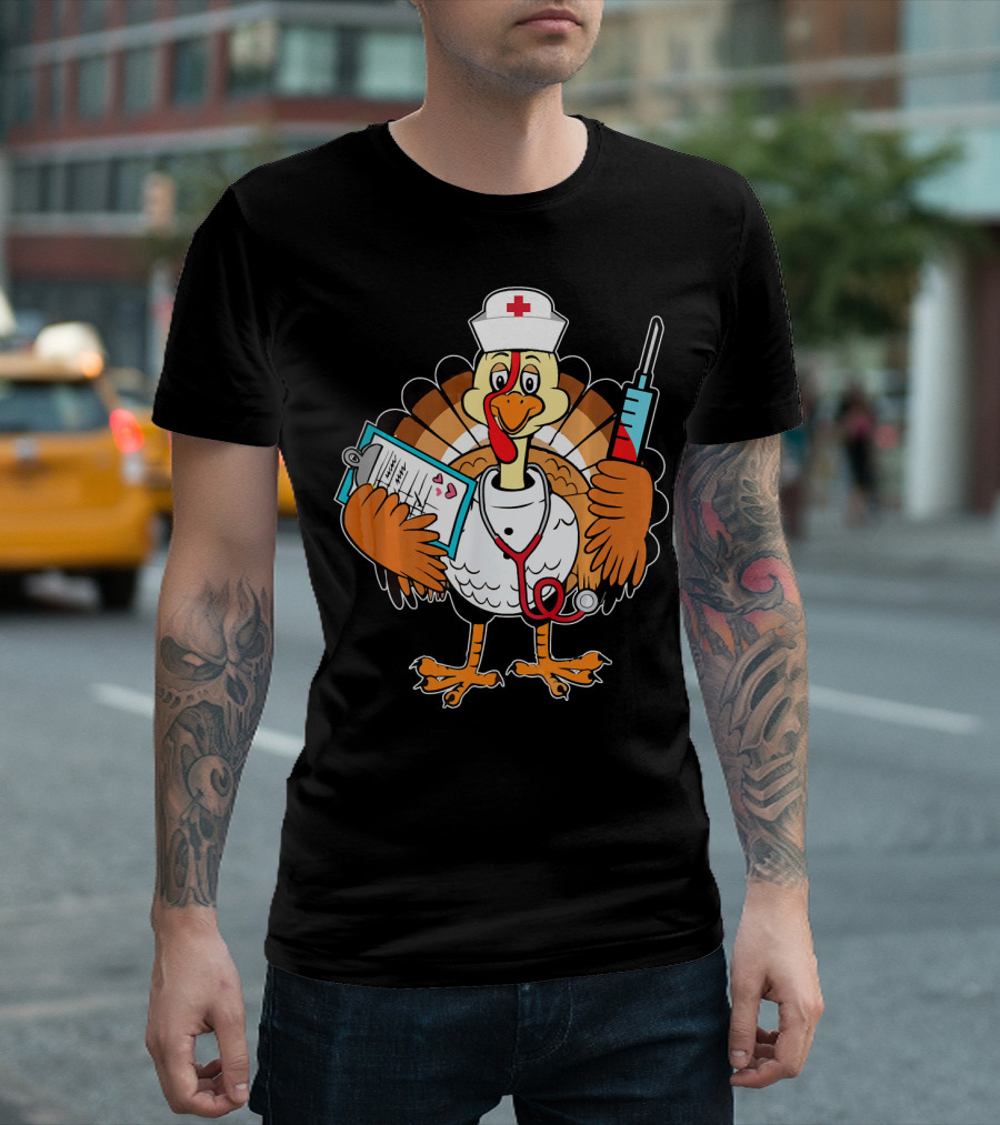 Thanksgiving Turkey Nurse Doctor with Syringe and Clipboard T-Shirt