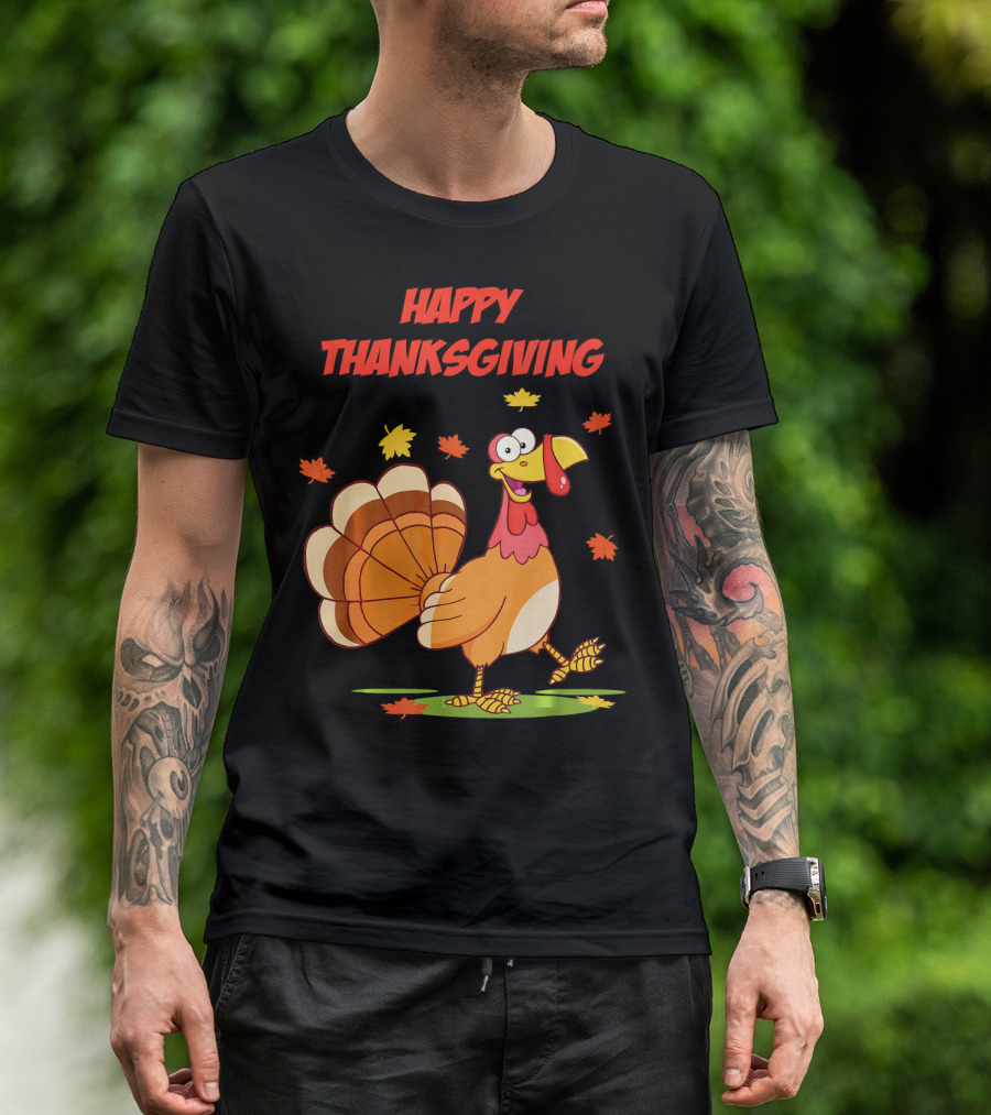 Happy Thanksgiving Funny Turkey Festive Cartoon With Falling Leaves T-Shirt