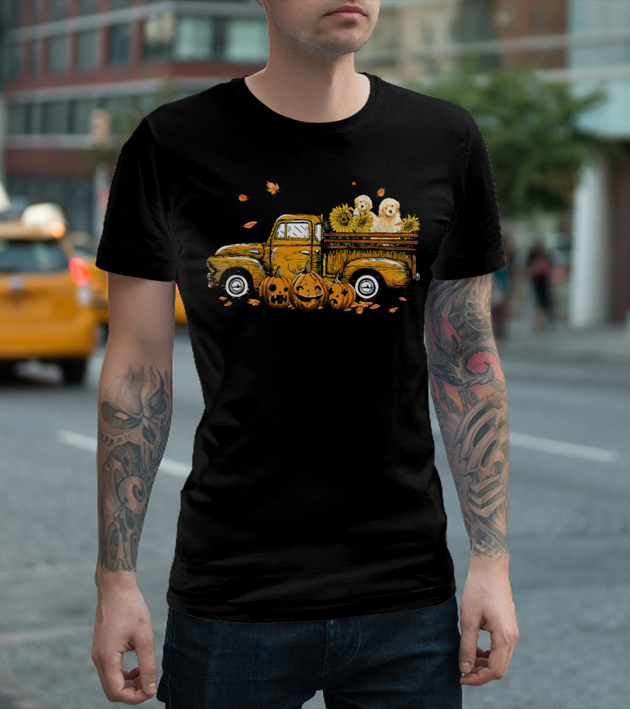 Pumpkin Truck with Sunflowers and Dogs Halloween Scene T-Shirt