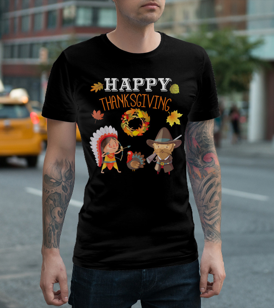 Thanksgiving Celebration with Native American and Pilgrim Turkey T-Shirt