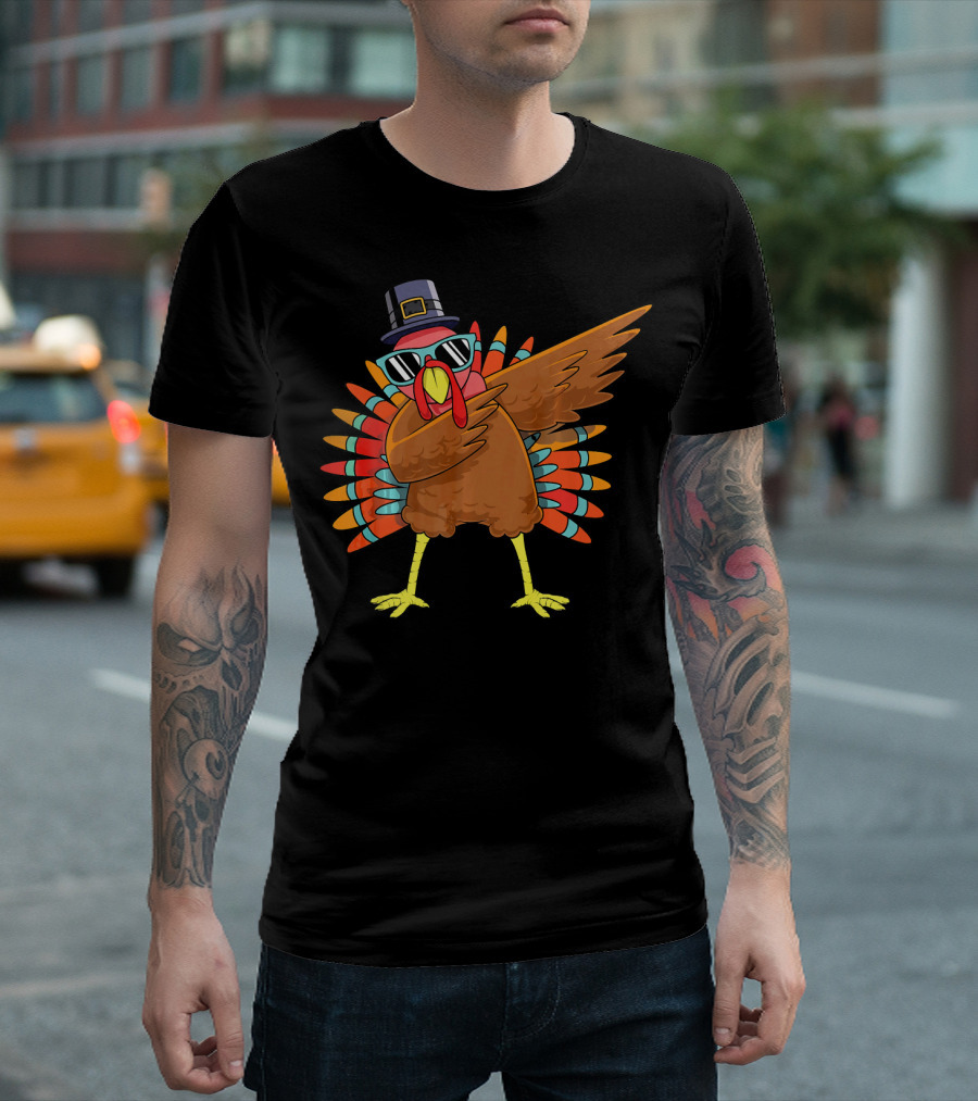 Funny Dabbing Turkey Dab Thanksgiving Bo Thanksgiving Turkey Dab Pilgrim Hat Sunglasses T-Shirt