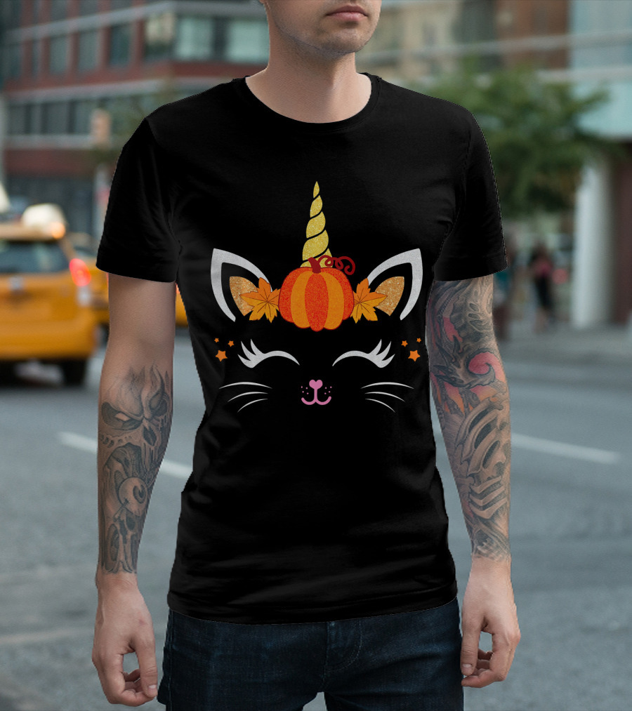 Unicorn Cat Pumpkin Autumn Leaf Face with Stars Fal T-Shirt