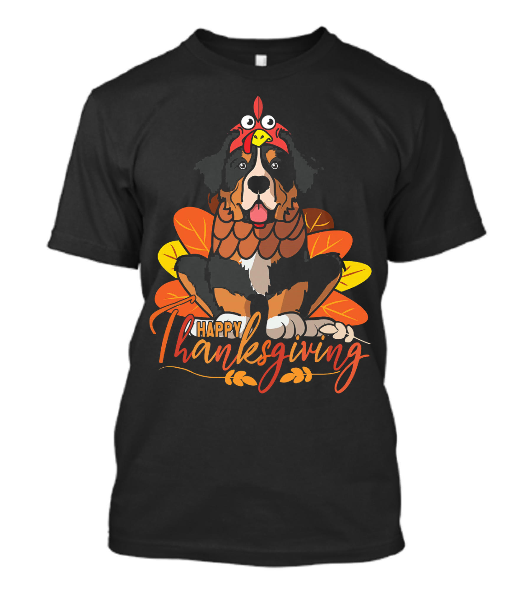 Happy Thanksgiving Bernese Mountain Dog With Turkey Costume And Autumn Leaves T-Shirt