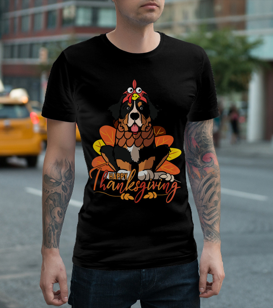 Happy Thanksgiving Bernese Mountain Dog With Turkey Costume And Autumn Leaves T-Shirt