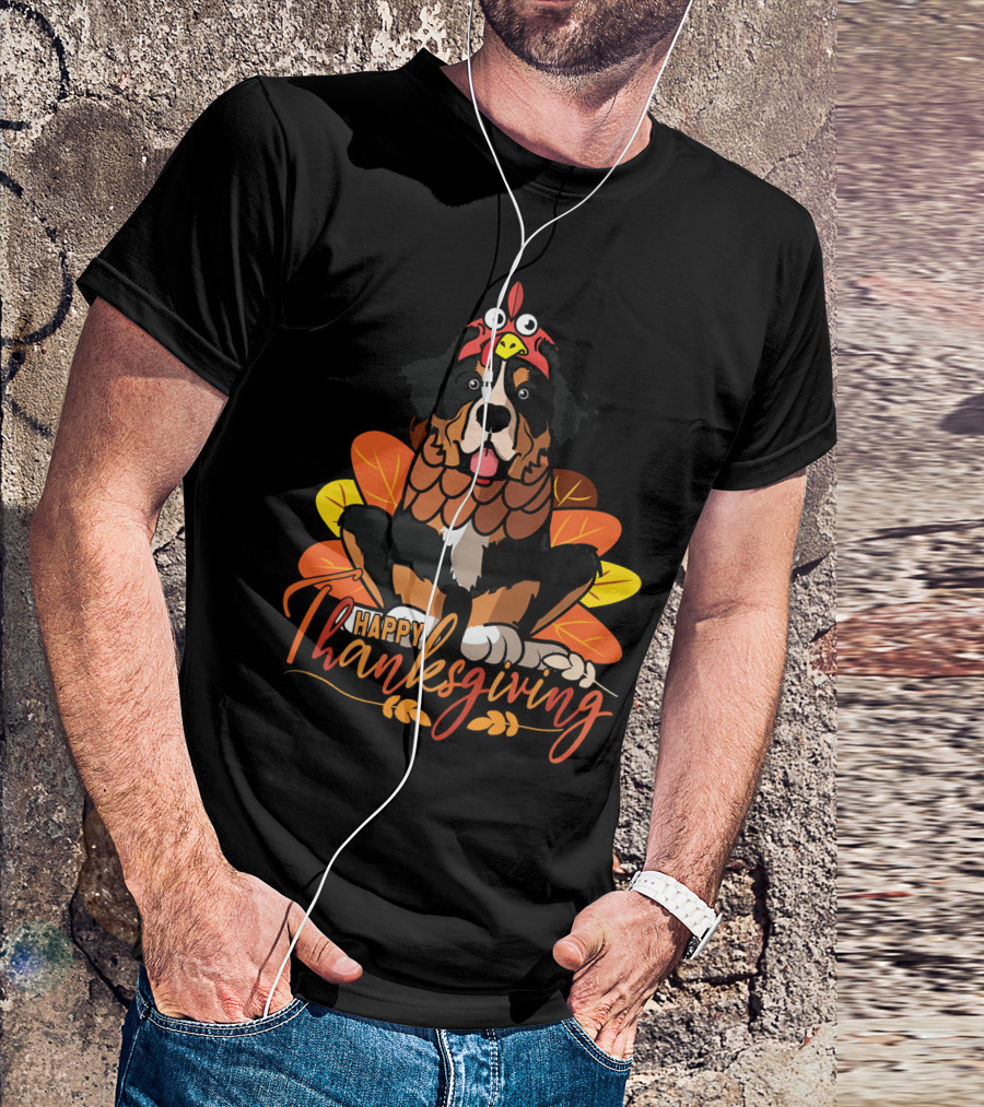 Happy Thanksgiving Bernese Mountain Dog With Turkey Costume And Autumn Leaves T-Shirt