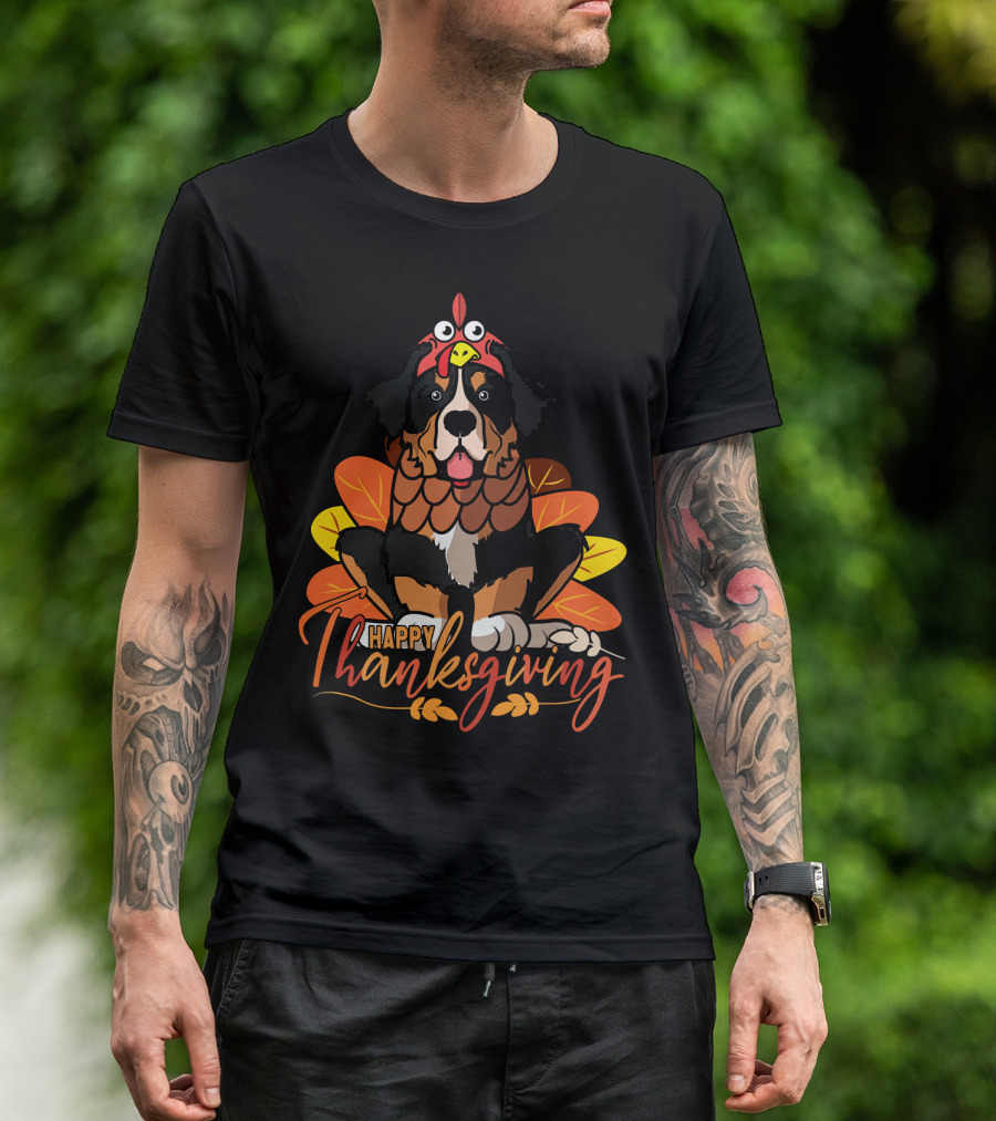 Happy Thanksgiving Bernese Mountain Dog With Turkey Costume And Autumn Leaves T-Shirt