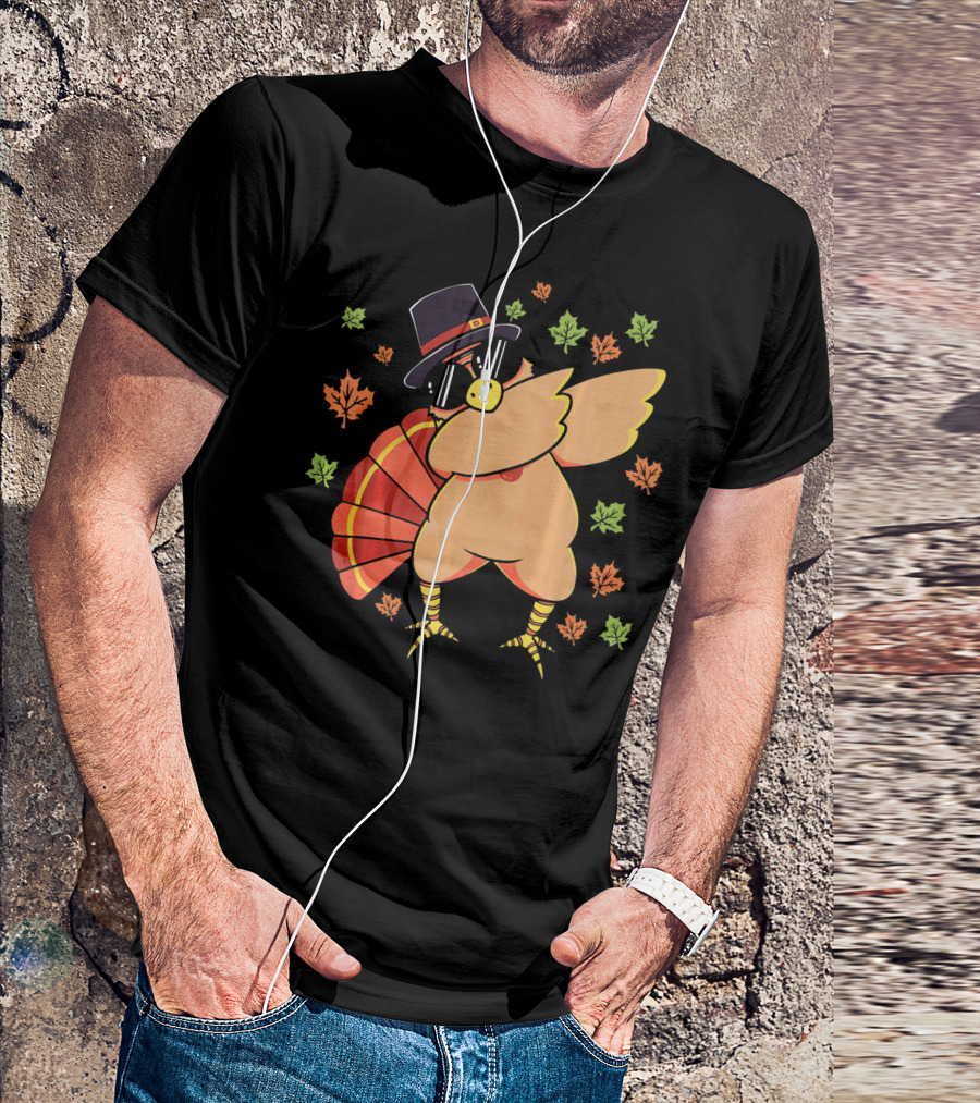 Cute Dabbing Turkey With Sunglasses And Pilgrim Hat Surrounded By Autumn Leaves T-Shirt