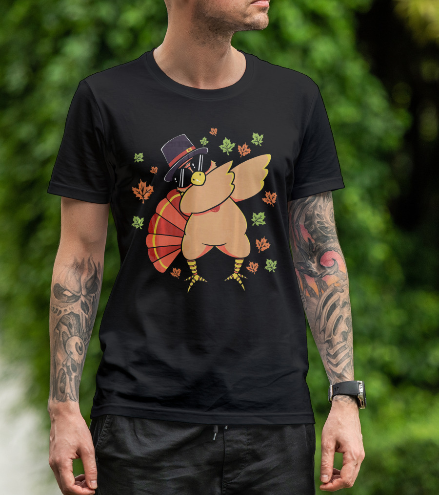 Cute Dabbing Turkey With Sunglasses And Pilgrim Hat Surrounded By Autumn Leaves T-Shirt