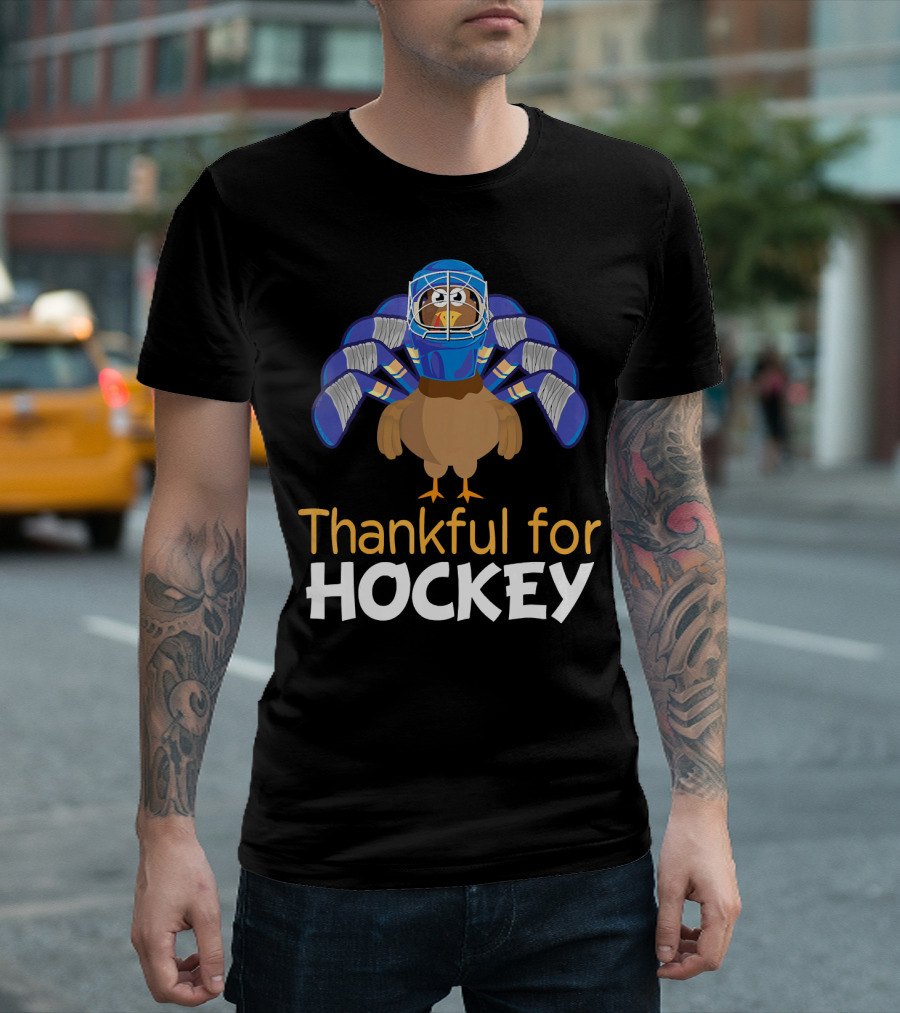 Thankful for Hockey Funny Turkey with Goalie Mask and Stick Feathers T-Shirt