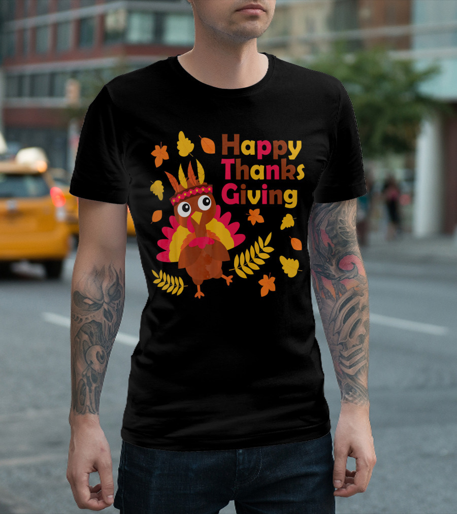 Happy Thanksgiving Cute Turkey With Native American Inspired Details And Autumn Leaves T-Shirt