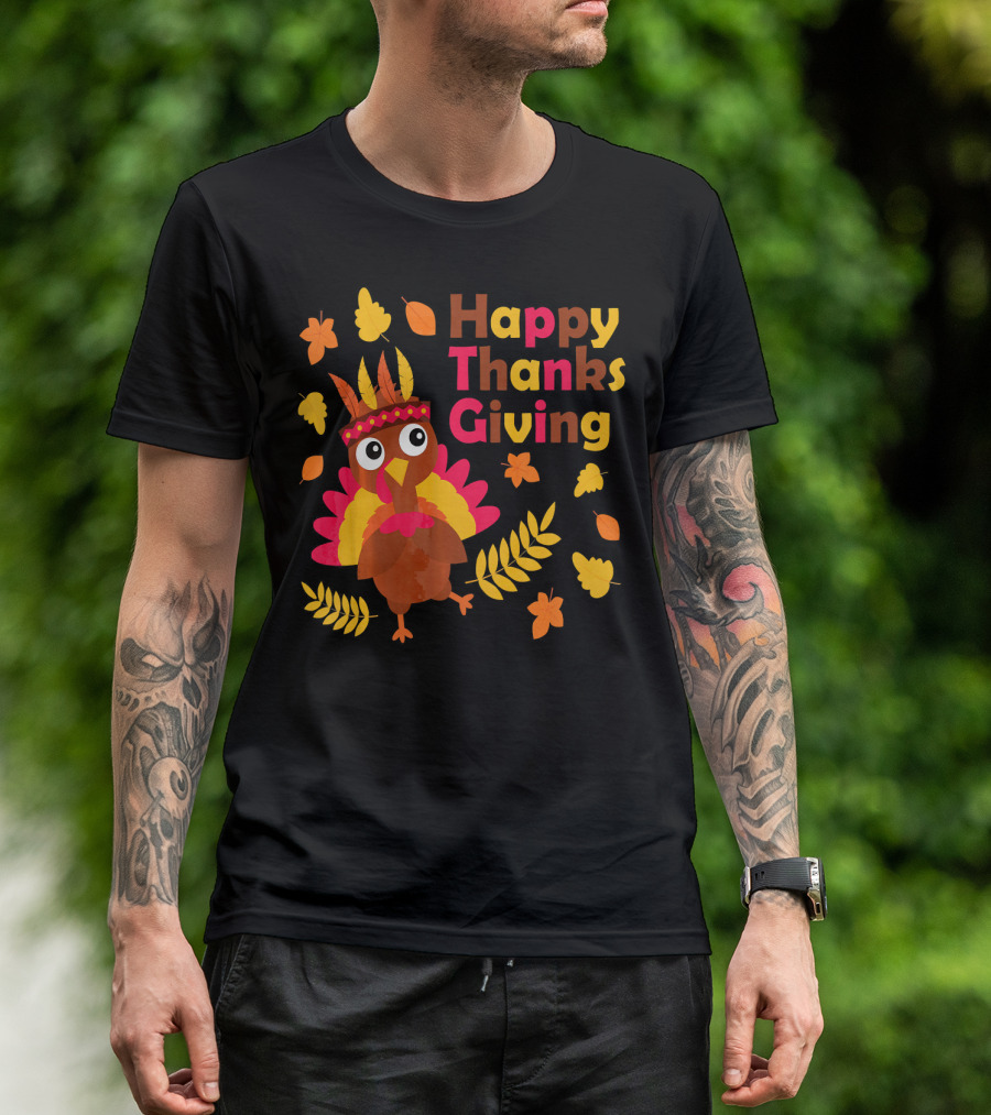 Happy Thanksgiving Cute Turkey With Native American Inspired Details And Autumn Leaves T-Shirt