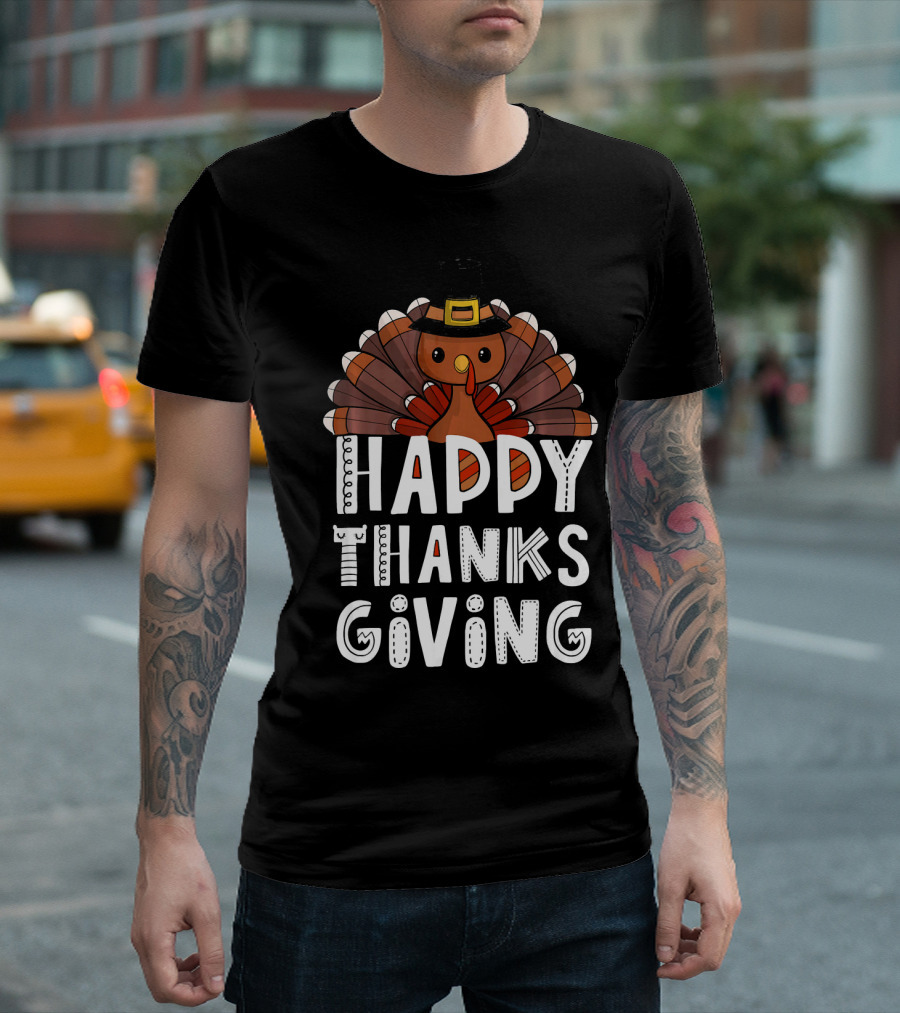 Happy Thanksgiving Funny Turkey Day with Pilgrim Hat T-Shirt