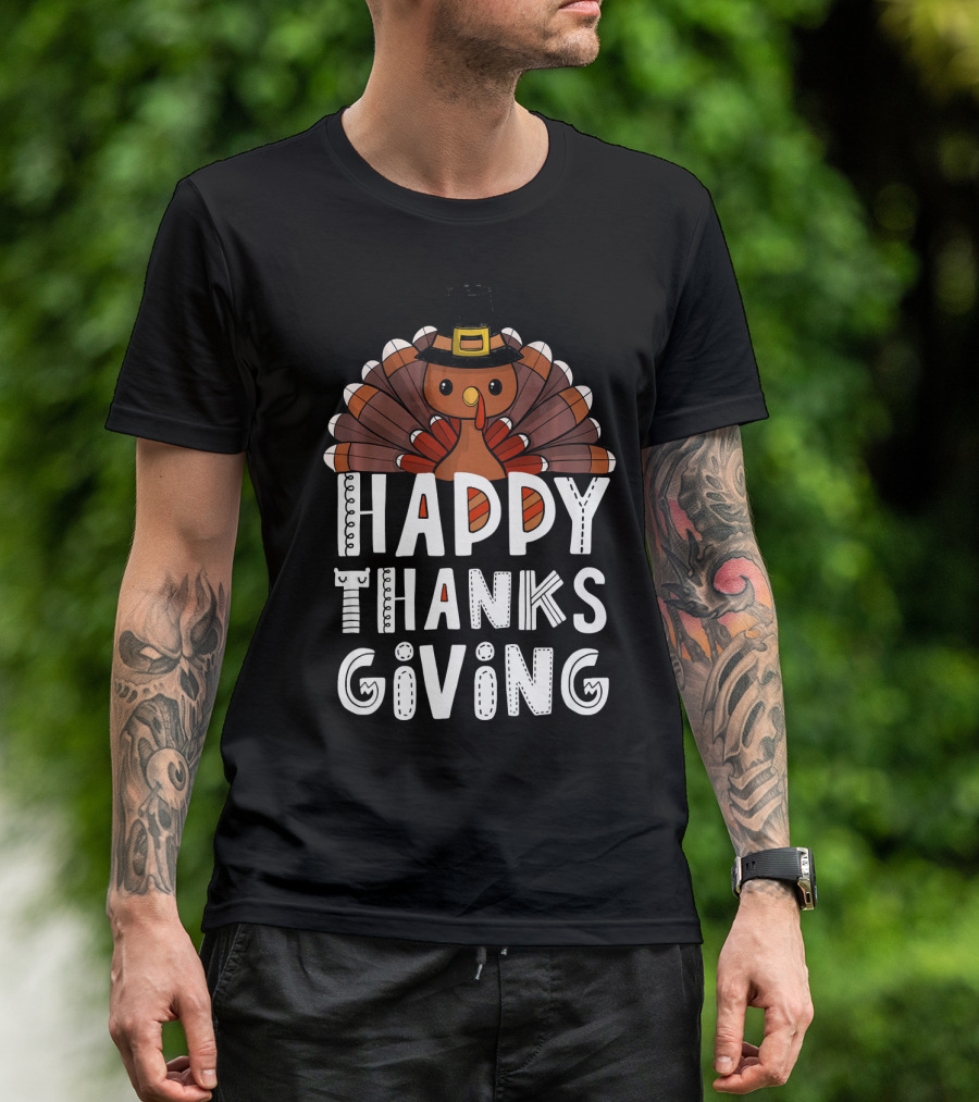 Happy Thanksgiving Funny Turkey Day With Pilgrim Hat T-Shirt