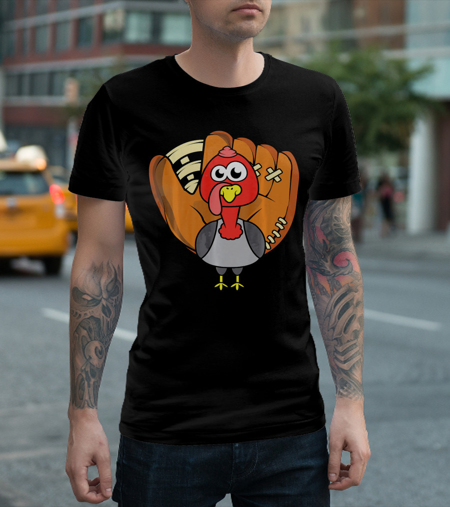 Turkey Day Cute Thanksgiving Boys Turkey With Baseball Glove T-Shirt