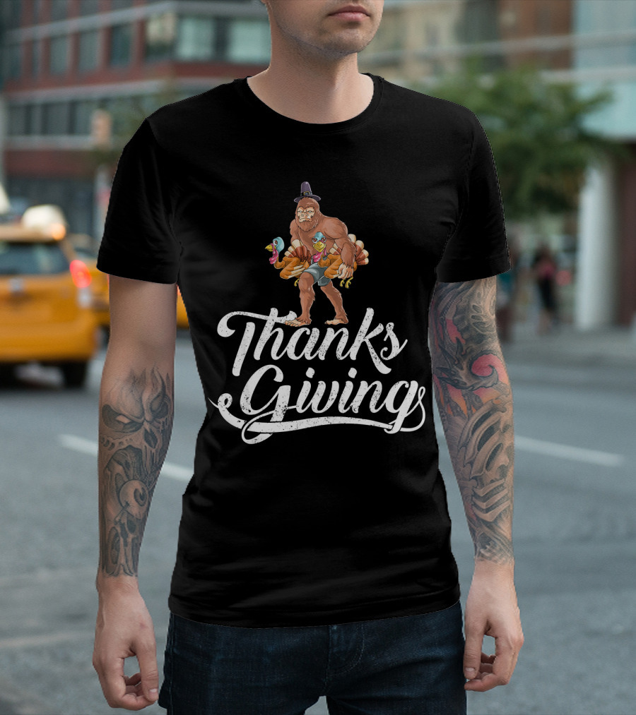 Thanksgiving Bigfoot Holding Turkey with Hat T-Shirt