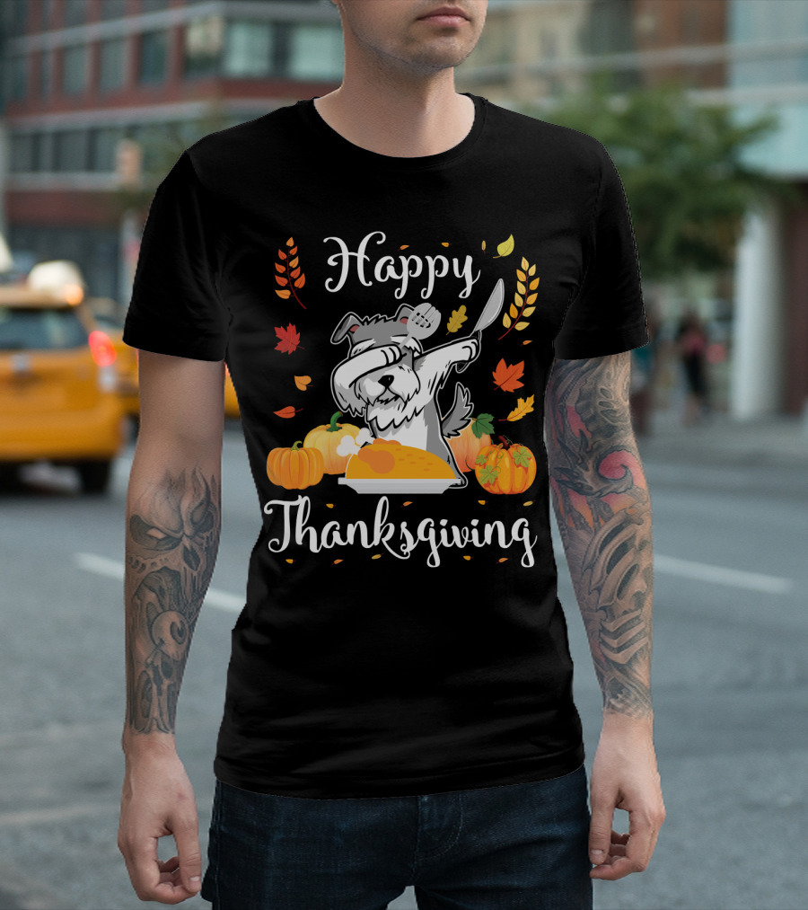 Happy Thanksgiving Schnauzer Dabbing with Turkey and Pumpkins T-Shirt