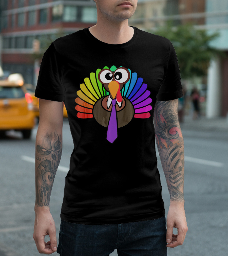 Turkey Face Tie Thanksgiving Colorful Feathers T-Shirt