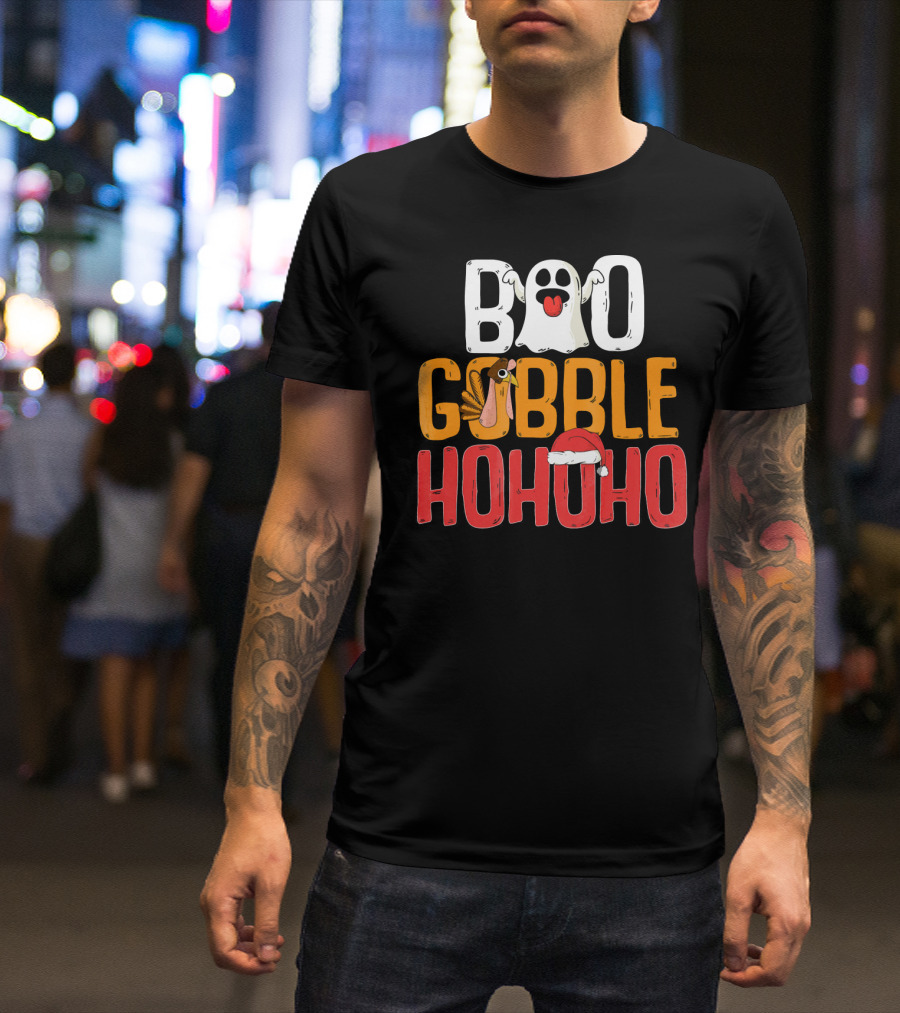 BOO GOBBLE HOHOHO Ghost Turkey Santa Hat T-Shirt