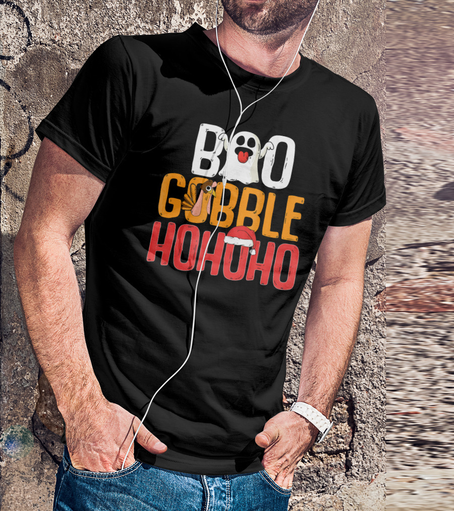 BOO GOBBLE HOHOHO Ghost Turkey Santa Hat T-Shirt