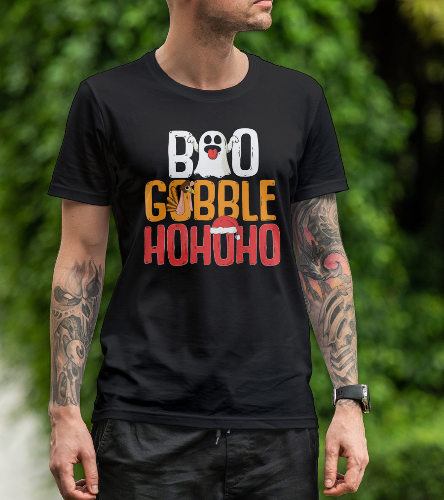BOO GOBBLE HOHOHO Ghost Turkey Santa Hat T-Shirt
