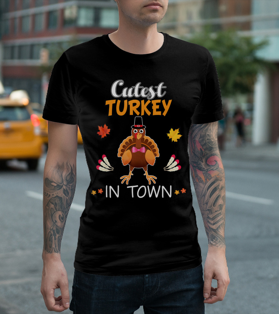 Cutest Turkey In Town Cute Turkey Fall Leaves Bowtie T-Shirt
