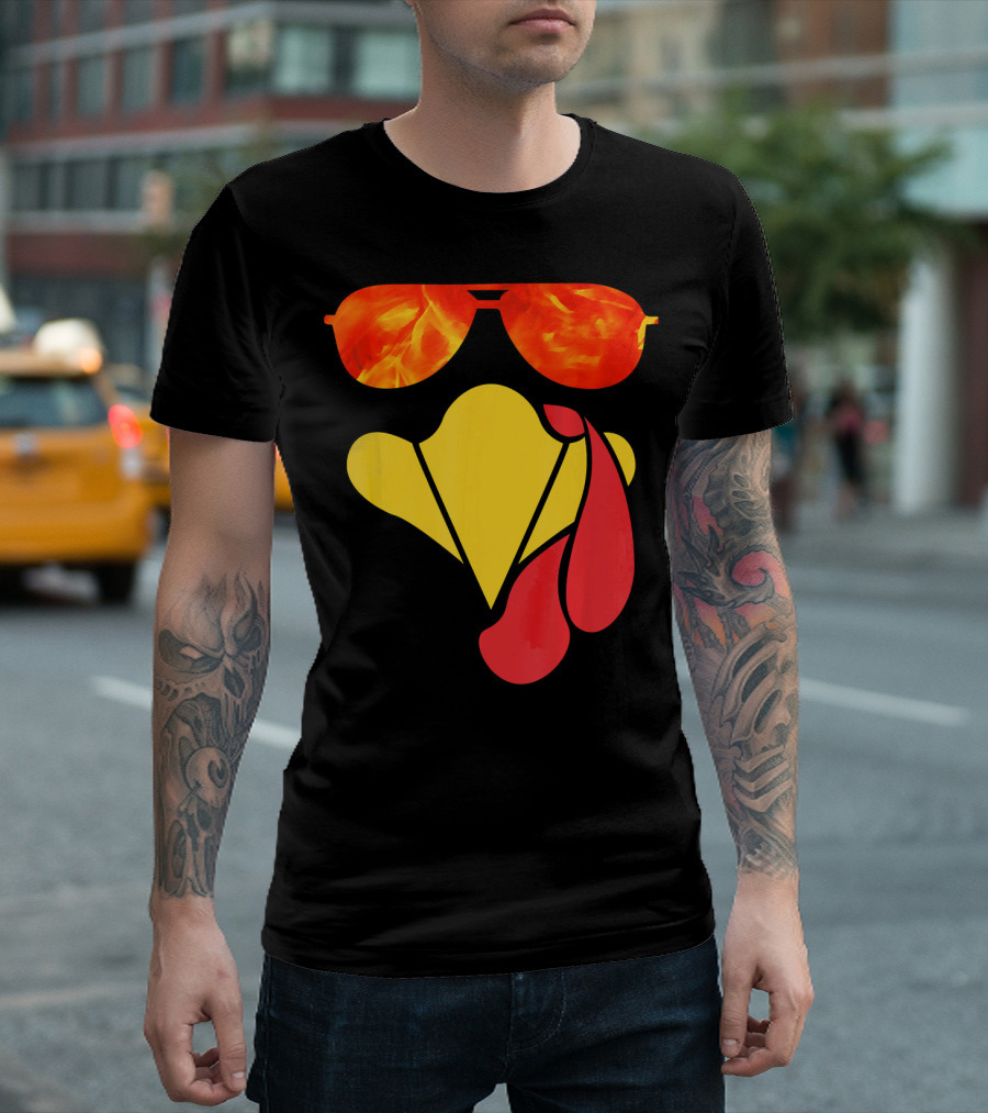 Turkey Face Thanksgiving Sunglasses Fire Flame T-Shirt