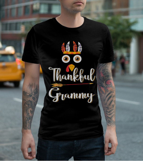 Thankful Grammy Turkey Face With Feather Headband And Arrow T-Shirt