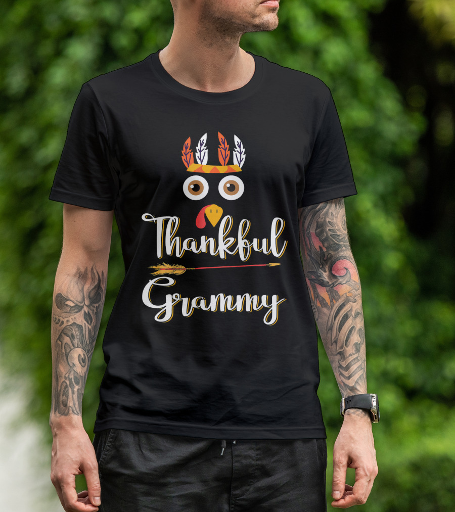 Thankful Grammy Turkey Face With Feather Headband And Arrow T-Shirt