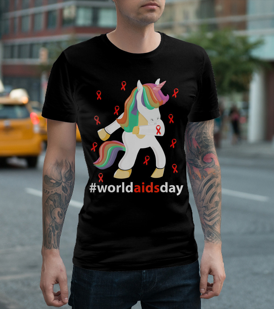 WorldAIDSDay Unicorn With Red Ribbons December 1st T-Shirt