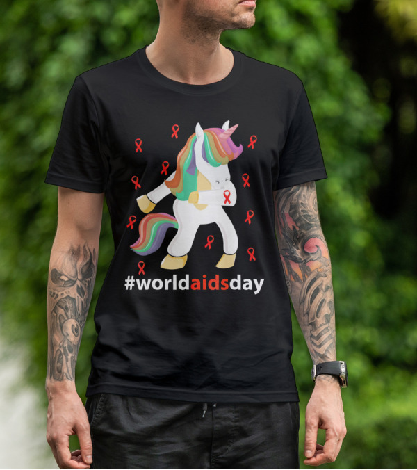 WorldAIDSDay Unicorn With Red Ribbons December 1st T-Shirt