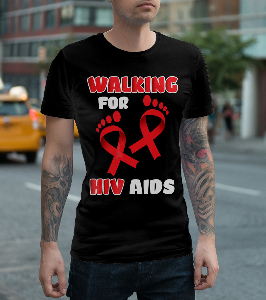 WALKING FOR HIV AIDS AWARENESS WITH RED RIBBON FOOTPRINT T-Shirt
