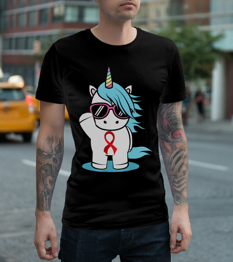 Unicorn with Sunglasses Red Ribbon Aids Awareness HIV Stigma Support T-Shirt