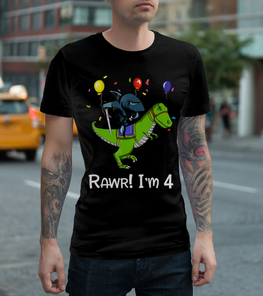 Shark Ninja Riding Dinosaur Rawr I'm 4 Birthday Celebration Balloons T-Shirt