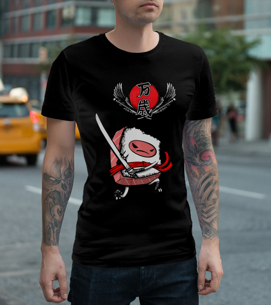 Japanese Ninja Sushi Samurai With Sword And Red Sun Kanji T-Shirt