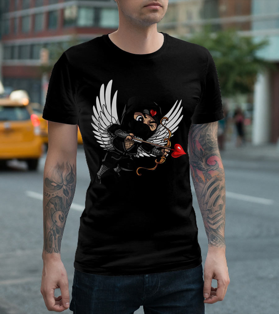 Ninja Cupid Valentine with Bow and Heart Arrow Angel Wings T-Shirt