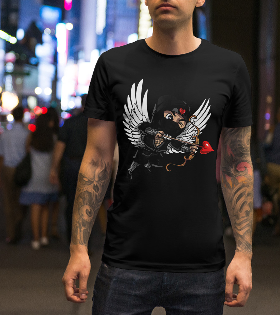 Ninja Cupid Valentine With Bow And Heart Arrow Angel Wings T-Shirt
