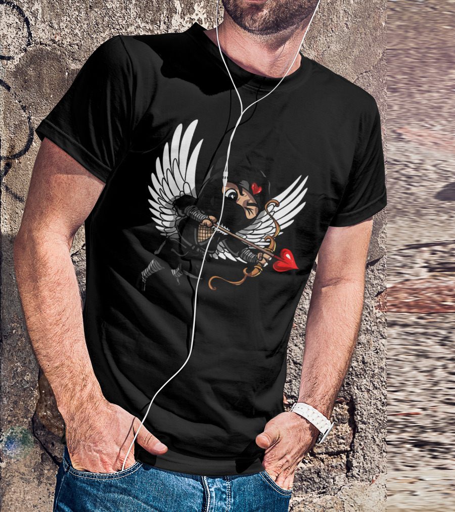 Ninja Cupid Valentine With Bow And Heart Arrow Angel Wings T-Shirt
