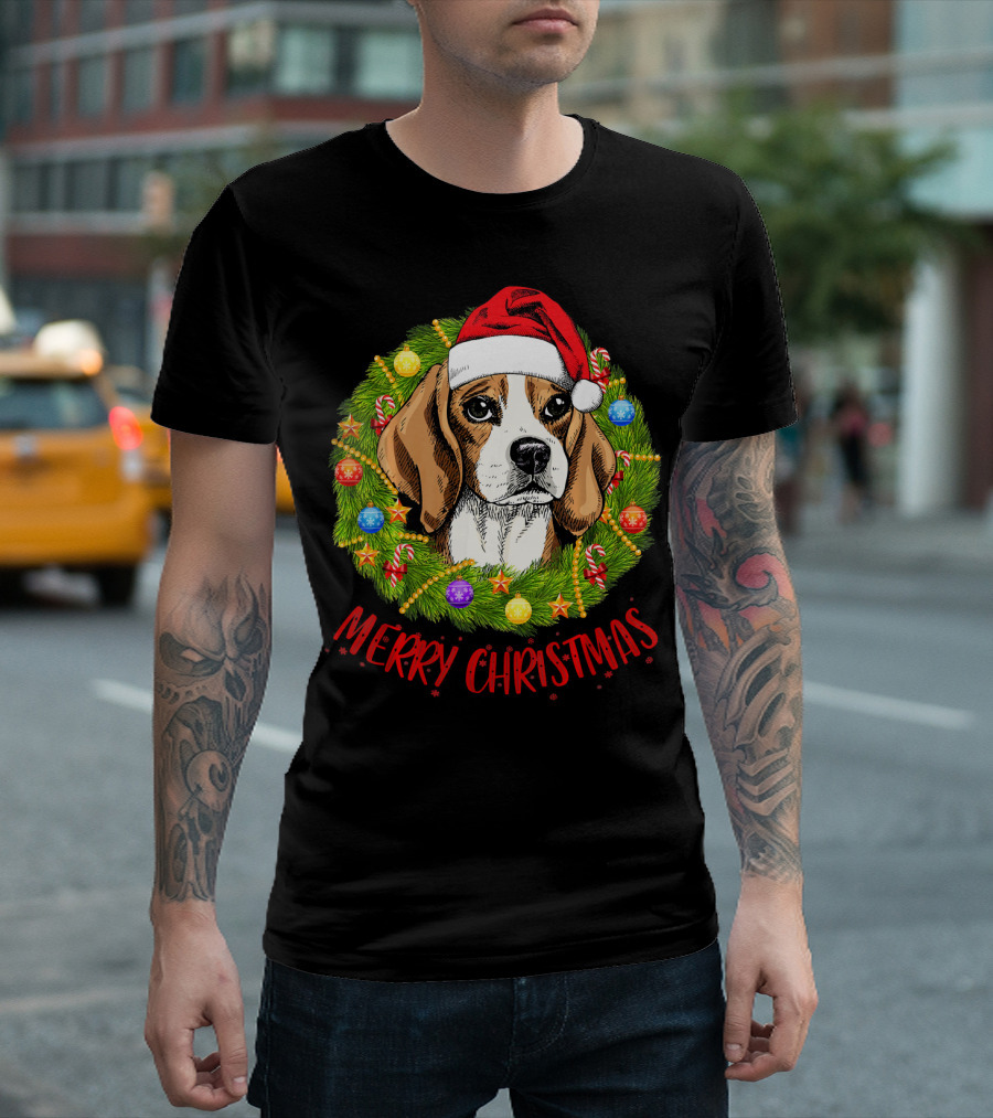 Merry Christmas Beagle Dogs In Santa Hat With Holiday Wreath T-Shirt