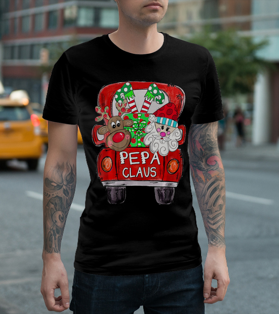 Pepa Claus Christmas Red Truck With Santa And Reindeer T-Shirt