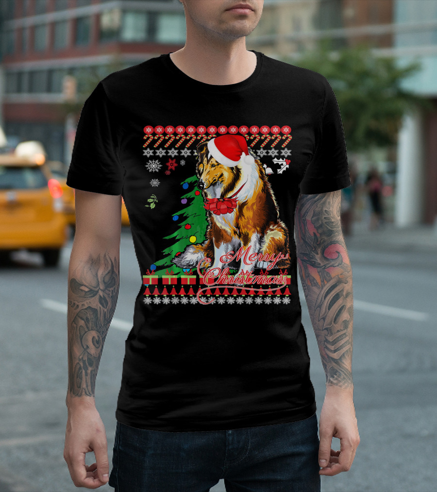 Merry Christmas Rough Collie Santa Hat Snowflakes Gifts Holiday T-Shirt