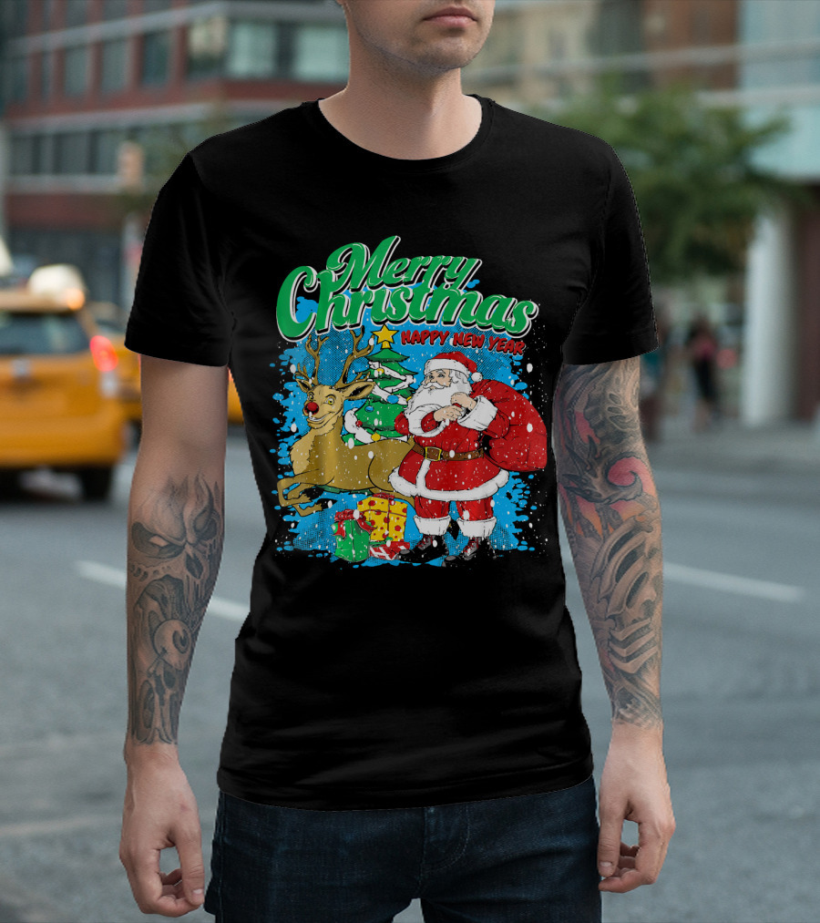 Merry Christmas Happy New Year Santa Claus Reindeer Presents T-Shirt