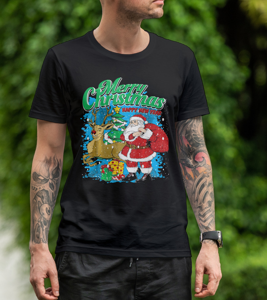 Merry Christmas Happy New Year Santa Claus Reindeer Presents T-Shirt