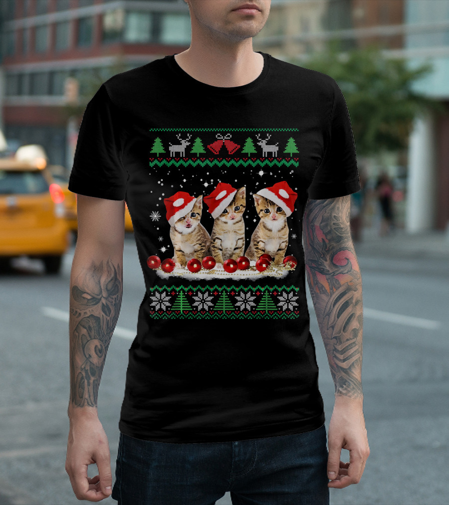 Ugly Christmas Cat Santa Hat Reindeer Bells Snowflakes Lights T-Shirt