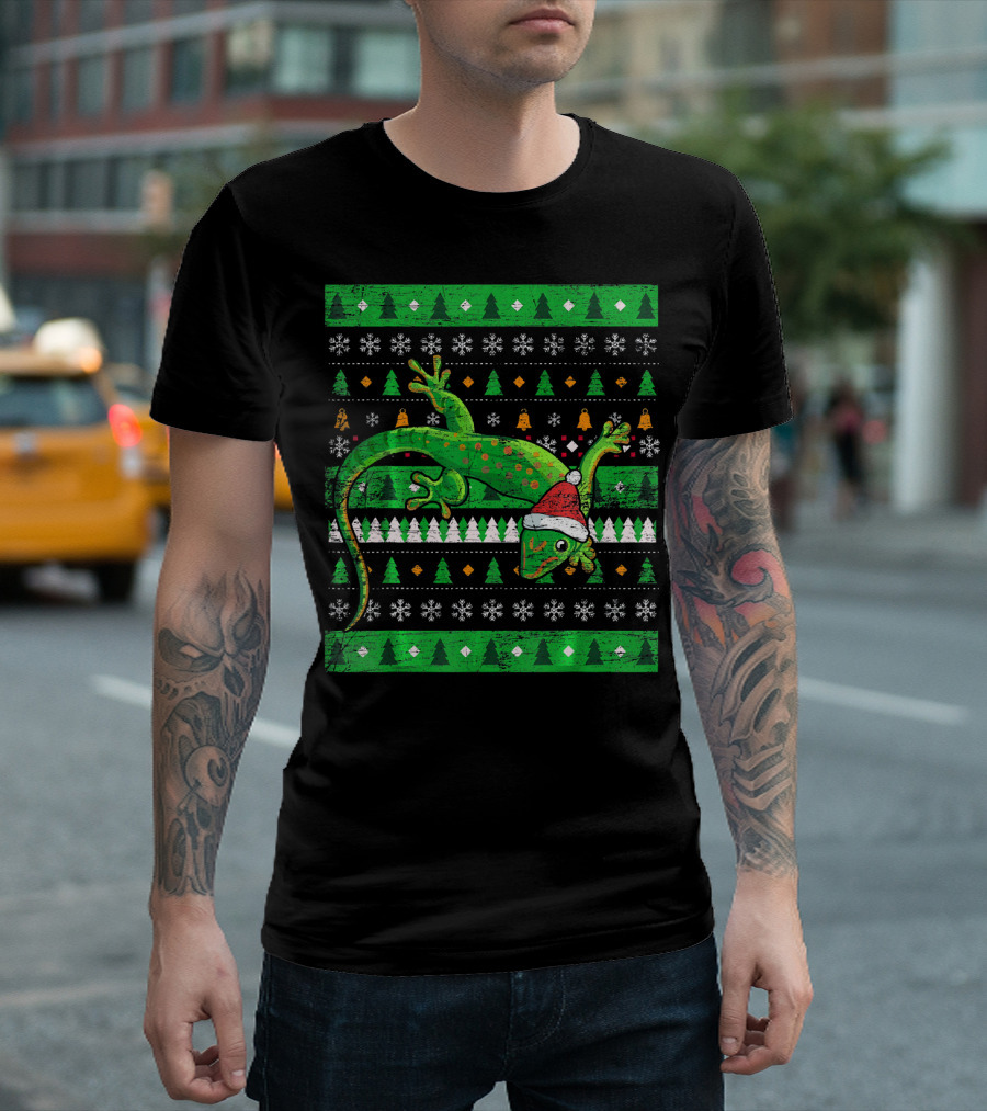 Ugly Christmas Lizard with Santa Hat and Holiday T-Shirt
