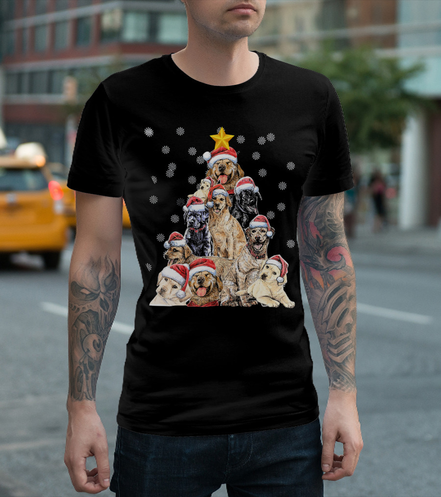 Labrador Puppies with Santa Hats Forming a Christmas Tree with Star and Snowflakes T-Shirt