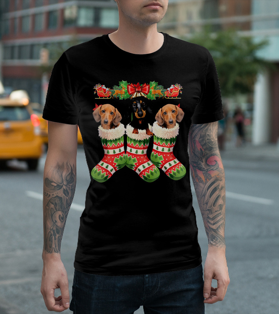 Dachshund Christmas Dogs in Festive Stockings T-Shirt
