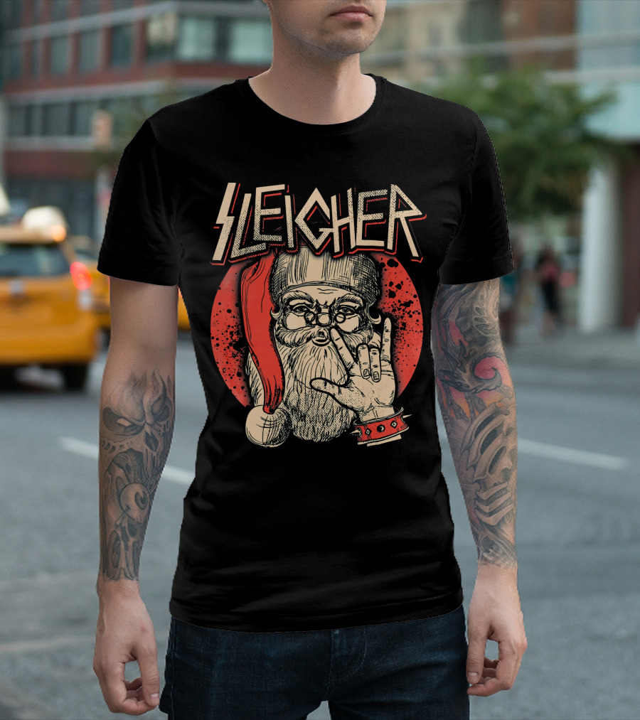 SLEIGHER Heavy Metal Music Santa Circle Red Santa Hat Hand Gesture T-Shirt