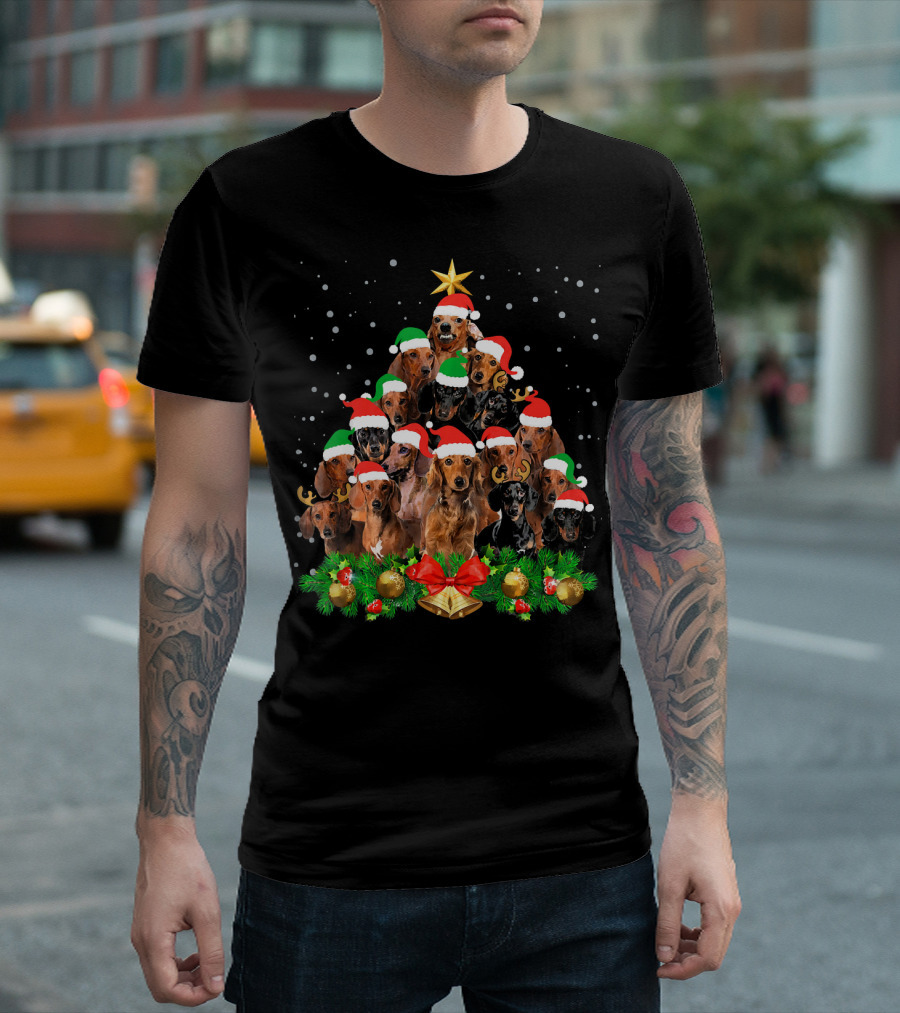 Funny Dachshund Christmas Tree with Santa Hats and Holiday Decorations T-Shirt