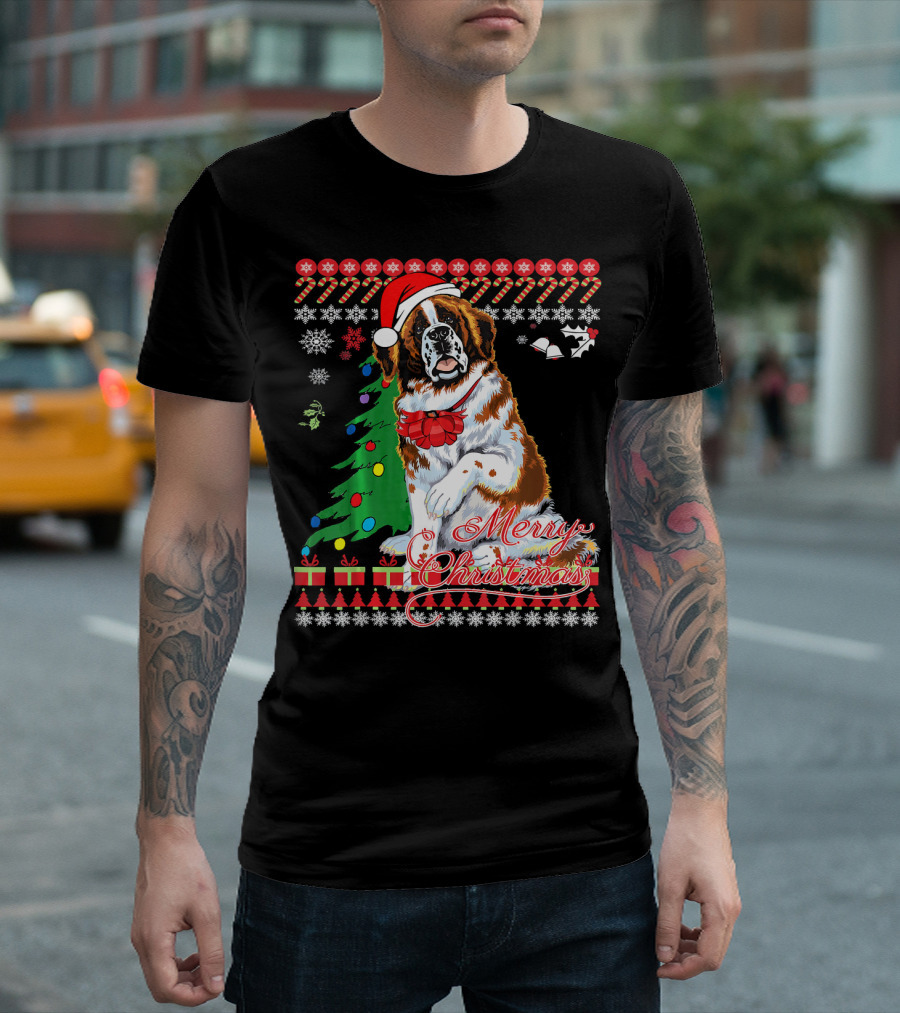 Merry Christmas Saint Bernard Dog Ugly Christmas T-Shirt